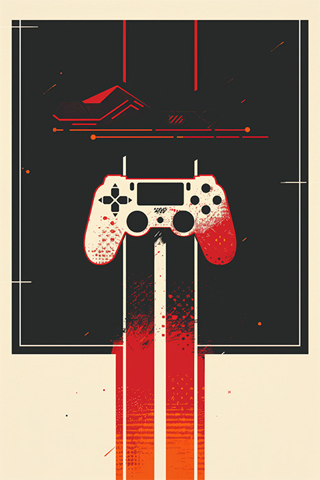 product-image-2-3 Stylized illustration of a video game controller with red and orange streaks extending downward, set against a dark geometric background. Gaming poster available in A1 to A4 sizes.