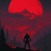 A lone figure holding a staff stands on a hilltop, overlooking a forest and mountains under a large red moon in a dramatic night scene. Gaming poster available in A1 to A4 sizes.