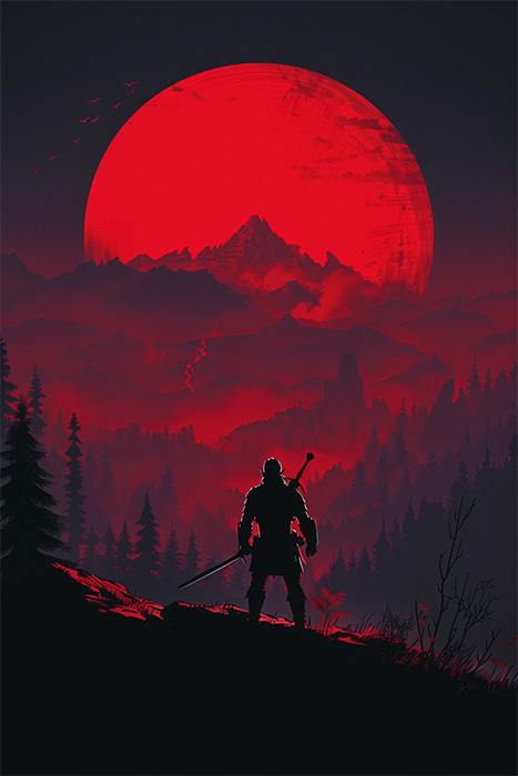 product-image-2-3 A lone figure holding a staff stands on a hilltop, overlooking a forest and mountains under a large red moon in a dramatic night scene. Gaming poster available in A1 to A4 sizes.