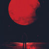A silhouette of a person stands on a dark landscape, facing a large red moon, surrounded by small flying birds. Gaming poster available in A1 to A4 sizes.