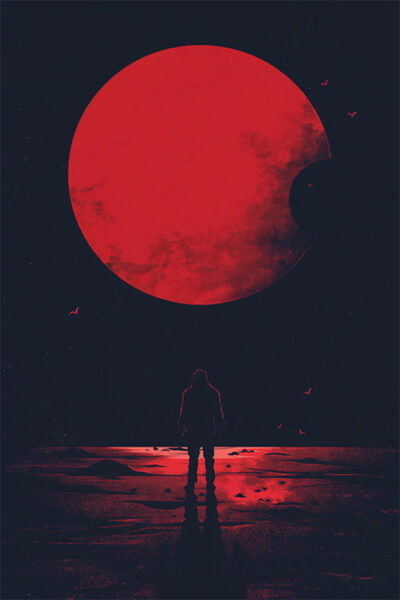 A silhouette of a person stands on a dark landscape, facing a large red moon, surrounded by small flying birds. Gaming poster available in A1 to A4 sizes.