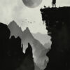 A person and a dog stand on the edge of a high cliff at night, with a full moon, birds, and misty mountains in the background. Fantasy art poster available in A1 to A4 sizes.
