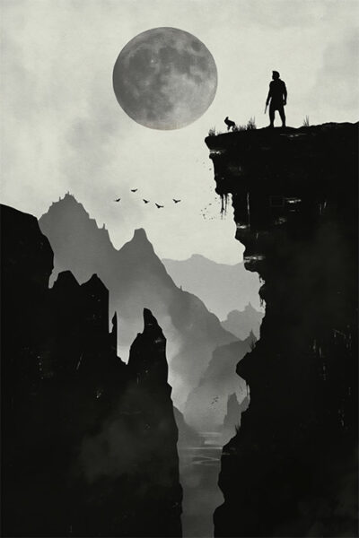 A person and a dog stand on the edge of a high cliff at night, with a full moon, birds, and misty mountains in the background. Fantasy art poster available in A1 to A4 sizes.