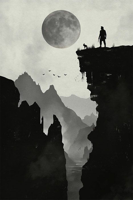 product-image-2-3 A person and a dog stand on the edge of a high cliff at night, with a full moon, birds, and misty mountains in the background. Fantasy art poster available in A1 to A4 sizes.
