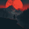 A lone figure with swords stands on a cliff overlooking trees and mountains, with a large red moon glowing in the night sky. Gaming poster available in A1 to A4 sizes.