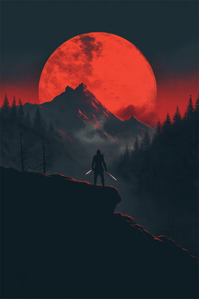 A lone figure with swords stands on a cliff overlooking trees and mountains, with a large red moon glowing in the night sky. Gaming poster available in A1 to A4 sizes.