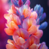 A close-up of a lupine flower with vibrant pink, orange, purple, and blue petals, featuring delicate veining and a soft-focus background. Floral art print available in A1 to A4 sizes.