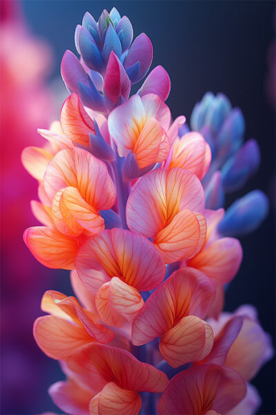 A close-up of a lupine flower with vibrant pink, orange, purple, and blue petals, featuring delicate veining and a soft-focus background. Floral art print available in A1 to A4 sizes.