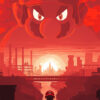 A silhouette of Mario stands on a ledge overlooking an industrial city at sunset, with a large, intense image of Mario’s face looming in the red sky above. Gaming poster available in A1 to A4 sizes.