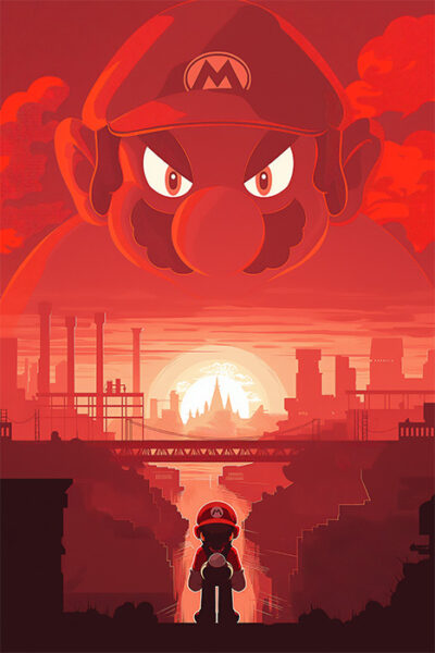 product-image-2-3 A silhouette of Mario stands on a ledge overlooking an industrial city at sunset, with a large, intense image of Mario’s face looming in the red sky above. Gaming poster available in A1 to A4 sizes.