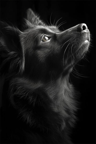 Black and white close-up photo of a dog with upright ears, gazing upward, illuminated from the side against a dark background. Dog print available in A1 to A4 sizes.