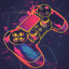 A stylized, neon-colored illustration of a video game controller set against a dark background with abstract splashes and lines. Gaming poster available in A1 to A4 sizes.