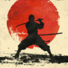 A silhouette of a ninja holding a sword stands before a red sun, with the words MASTER MOVES at the top and DEFEAT OPPONENTS at the bottom—perfect Gaming Wall Art for any gamer decor. Gaming poster available in A1 to A4 sizes.