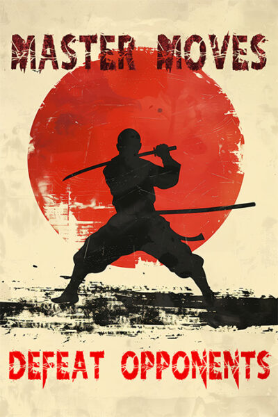A silhouette of a ninja holding a sword stands before a red sun, with the words MASTER MOVES at the top and DEFEAT OPPONENTS at the bottom—perfect Gaming Wall Art for any gamer decor. Gaming poster available in A1 to A4 sizes.