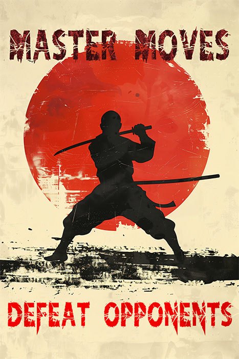 product-image-2-3 A silhouette of a ninja holding a sword stands before a red sun, with the words MASTER MOVES at the top and DEFEAT OPPONENTS at the bottom—perfect Gaming Wall Art for any gamer decor. Gaming poster available in A1 to A4 sizes.