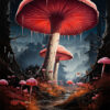 Large, glowing red mushrooms tower over a forested landscape with smaller mushrooms, dark trees, and a reflective stream running through the scene. Fantasy art poster available in A1 to A4 sizes.