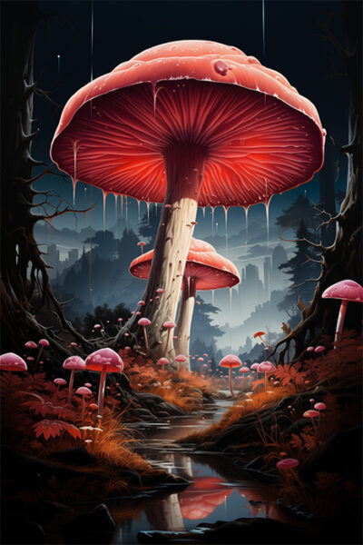 Large, glowing red mushrooms tower over a forested landscape with smaller mushrooms, dark trees, and a reflective stream running through the scene. Fantasy art poster available in A1 to A4 sizes.