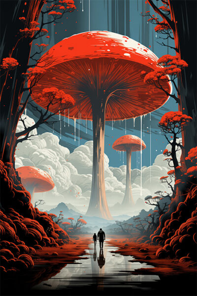 Two people walk on a wet path through a surreal landscape with towering red mushrooms and dramatic clouds in the background. Fantasy art poster available in A1 to A4 sizes.