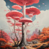 A fantasy landscape with oversized pink mushrooms towering above an autumnal forest, rocky terrain, and a partly cloudy sky. Fantasy art poster available in A1 to A4 sizes.