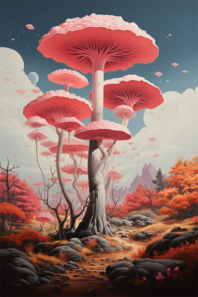A fantasy landscape with oversized pink mushrooms towering above an autumnal forest, rocky terrain, and a partly cloudy sky. Fantasy art poster available in A1 to A4 sizes.