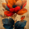 A digital painting of a large flower with bright orange-red petals and dark blue-green leaves on a beige background. Floral art print available in A1 to A4 sizes.