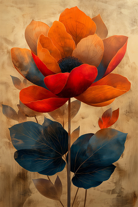 product-image-2-3 A digital painting of a large flower with bright orange-red petals and dark blue-green leaves on a beige background. Floral art print available in A1 to A4 sizes.