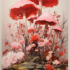 A cluster of large pink mushrooms surrounded by various pink flowers and greenery growing from a mossy rock in a soft, muted setting. Fungi art print available in A1 to A4 sizes.