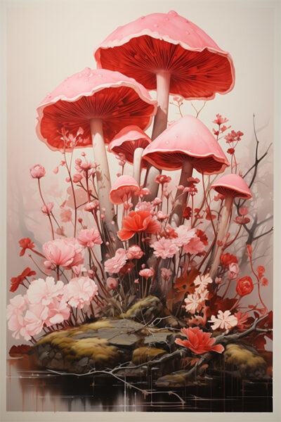 A cluster of large pink mushrooms surrounded by various pink flowers and greenery growing from a mossy rock in a soft, muted setting. Fungi art print available in A1 to A4 sizes.