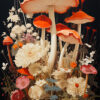 A cluster of orange mushrooms surrounded by various pale and pink wildflowers, all set against a dark background. Fungi art print available in A1 to A4 sizes.