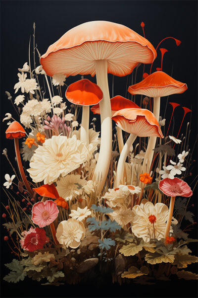 A cluster of orange mushrooms surrounded by various pale and pink wildflowers, all set against a dark background. Fungi art print available in A1 to A4 sizes.