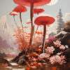 Large red mushrooms and wildflowers grow among rocks in a sunlit, mountainous landscape with a clear sky and distant peaks. Fantasy art poster available in A1 to A4 sizes.