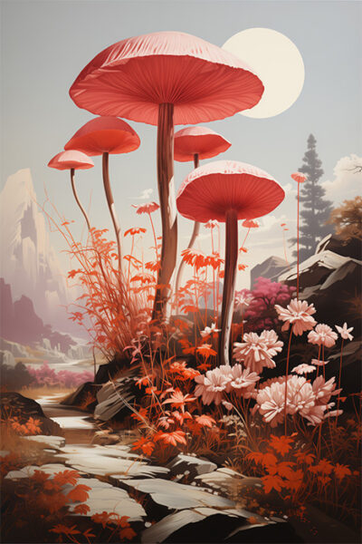 Large red mushrooms and wildflowers grow among rocks in a sunlit, mountainous landscape with a clear sky and distant peaks. Fantasy art poster available in A1 to A4 sizes.