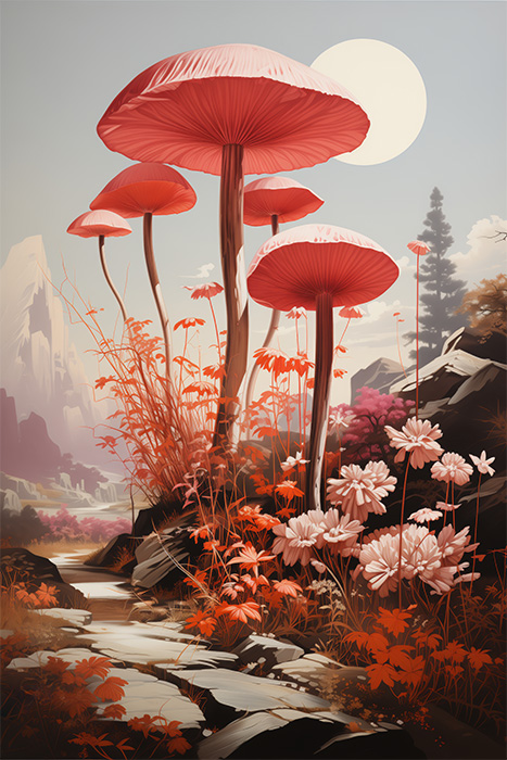 product-image-2-3 Large red mushrooms and wildflowers grow among rocks in a sunlit, mountainous landscape with a clear sky and distant peaks. Fantasy art poster available in A1 to A4 sizes.
