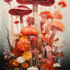 A cluster of large, colourful mushrooms and various plants with red, orange, and white tones growing closely together against a pale background. Fungi art print available in A1 to A4 sizes.