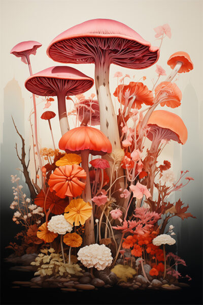 A cluster of large, colourful mushrooms and various plants with red, orange, and white tones growing closely together against a pale background. Fungi art print available in A1 to A4 sizes.