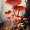 Several large, pink fungi with dripping caps grow beside a dark tree in a misty forest landscape, surrounded by small flowers and plants near a reflective water surface. Fantasy art poster available in A1 to A4 sizes.
