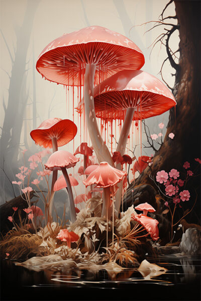 Several large, pink fungi with dripping caps grow beside a dark tree in a misty forest landscape, surrounded by small flowers and plants near a reflective water surface. Fantasy art poster available in A1 to A4 sizes.