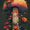 A large, orange-capped fungi stands tall, surrounded by various colourful flowers and plants, against a dark background in this captivating artwork. Fantasy art poster available in A1 to A4 sizes.
