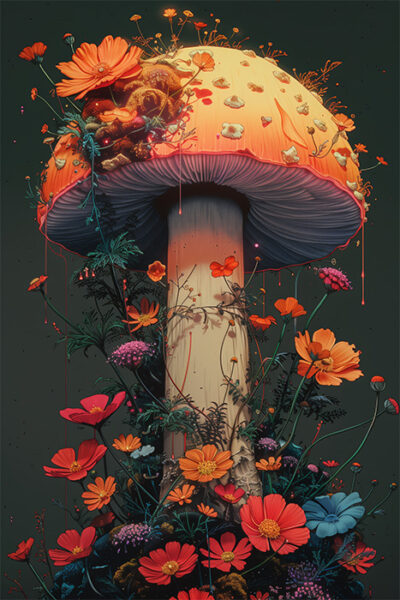 A large, orange-capped fungi stands tall, surrounded by various colourful flowers and plants, against a dark background in this captivating artwork. Fantasy art poster available in A1 to A4 sizes.
