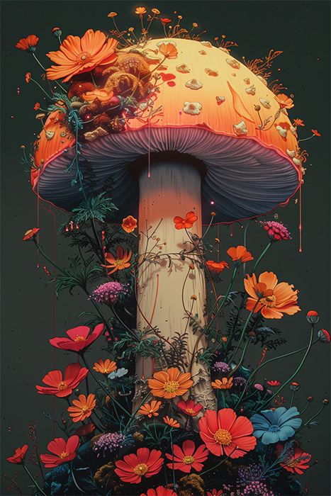 product-image-2-3 A large, orange-capped fungi stands tall, surrounded by various colourful flowers and plants, against a dark background in this captivating artwork. Fantasy art poster available in A1 to A4 sizes.