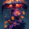 A large bioluminescent mushroom glows in the dark, surrounded by vibrant purple and yellow flowers and lush foliage, creating a mesmerizing fungi-inspired artwork. Fantasy art poster available in A1 to A4 sizes.