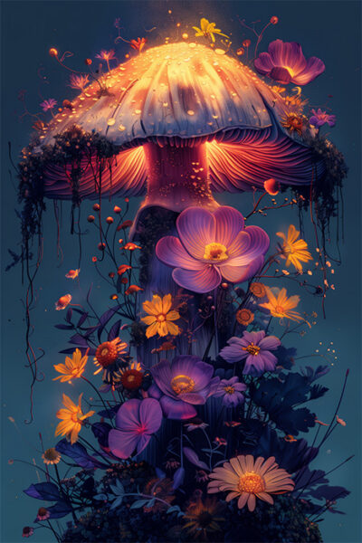 A large bioluminescent mushroom glows in the dark, surrounded by vibrant purple and yellow flowers and lush foliage, creating a mesmerizing fungi-inspired artwork. Fantasy art poster available in A1 to A4 sizes.