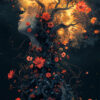 A surreal artwork of a woman's profile with her head transforming into a glowing tree, floral branches and red flowers intertwining throughout her form against a dark background. Fantasy art poster available in A1 to A4 sizes.
