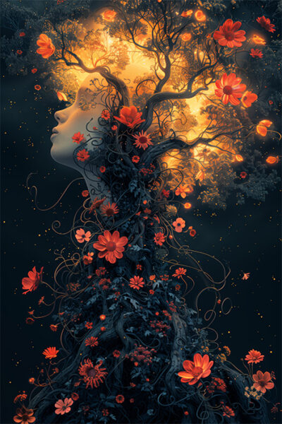 A surreal artwork of a woman's profile with her head transforming into a glowing tree, floral branches and red flowers intertwining throughout her form against a dark background. Fantasy art poster available in A1 to A4 sizes.