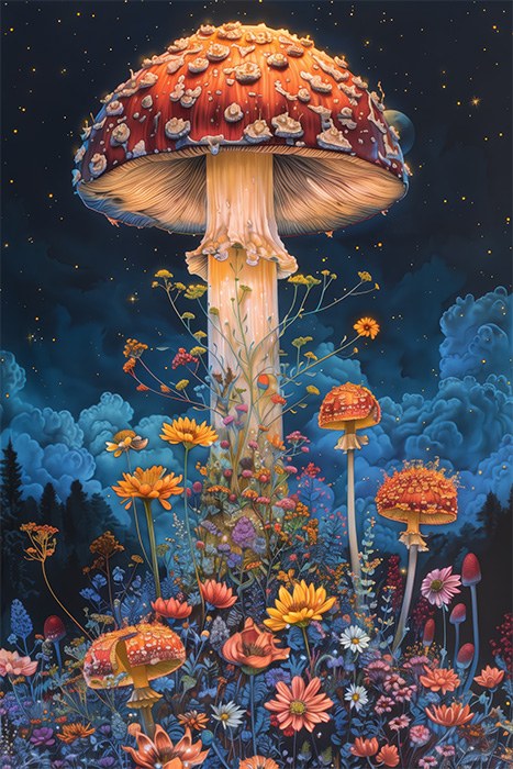 product-image-2-3 A large red-capped mushroom stands among colourful wildflowers under a night sky filled with stars and clouds, creating enchanting fungi art perfect for unique decor. Fantasy art poster available in A1 to A4 sizes.