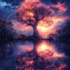 A large, glowing tree with pink and orange leaves stands beside a calm lake, its vibrant colours reflecting in the water under a starry, twilight sky. Fantasy art poster available in A1 to A4 sizes.
