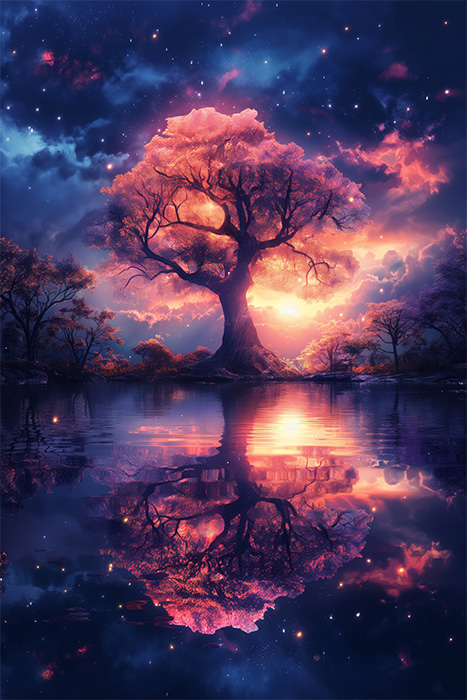 product-image-2-3 A large, glowing tree with pink and orange leaves stands beside a calm lake, its vibrant colours reflecting in the water under a starry, twilight sky. Fantasy art poster available in A1 to A4 sizes.
