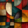 Abstract painting featuring intersecting geometric shapes and bold blocks of red, teal, yellow, and beige with visible textured cracks throughout the surface. Abstract art poster available in A1 to A4 sizes.