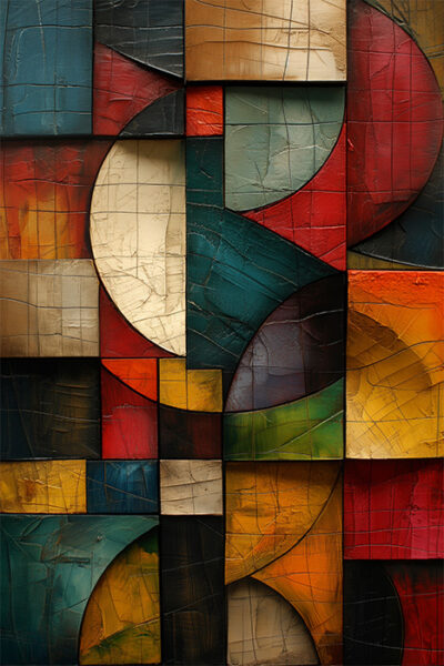 Abstract painting featuring intersecting geometric shapes and bold blocks of red, teal, yellow, and beige with visible textured cracks throughout the surface. Abstract art poster available in A1 to A4 sizes.
