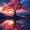 A vibrant tree with red leaves stands by a calm lake at sunset, reflecting vividly in the water as pink leaves gently fall around it. Fantasy art poster available in A1 to A4 sizes.